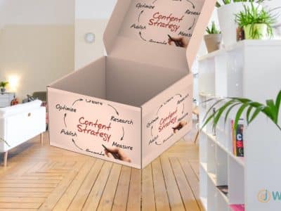 Image of a box with content strategy labels all over it. Box is located in the middle of a room